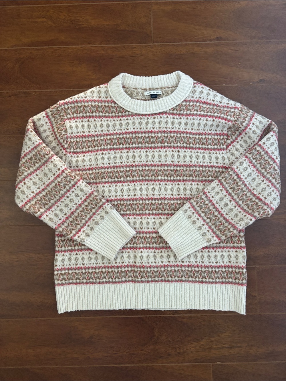 American Eagle Outfitters Fair Isle Crewneck Sweater - Cream, Pink, Tan